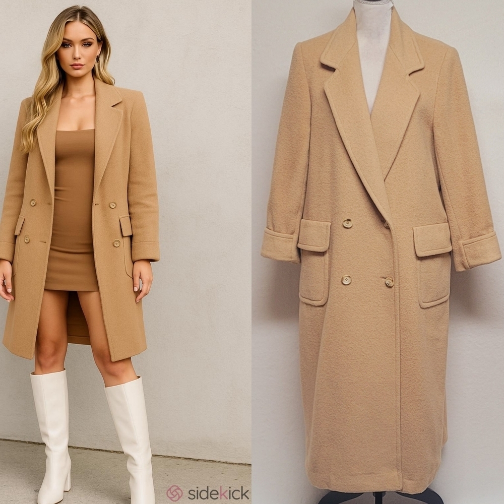 Castner Knott Camel Hair Notched Collar Double Breasted Longline Trench Coat 14